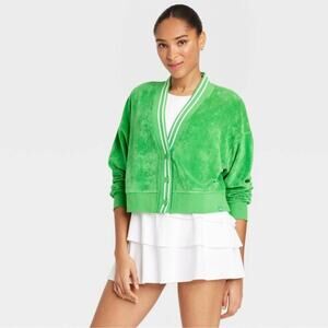 JoyLab Women's Towel Terry Cardigan Midweight Deep V Neck Vibrant Green XXL